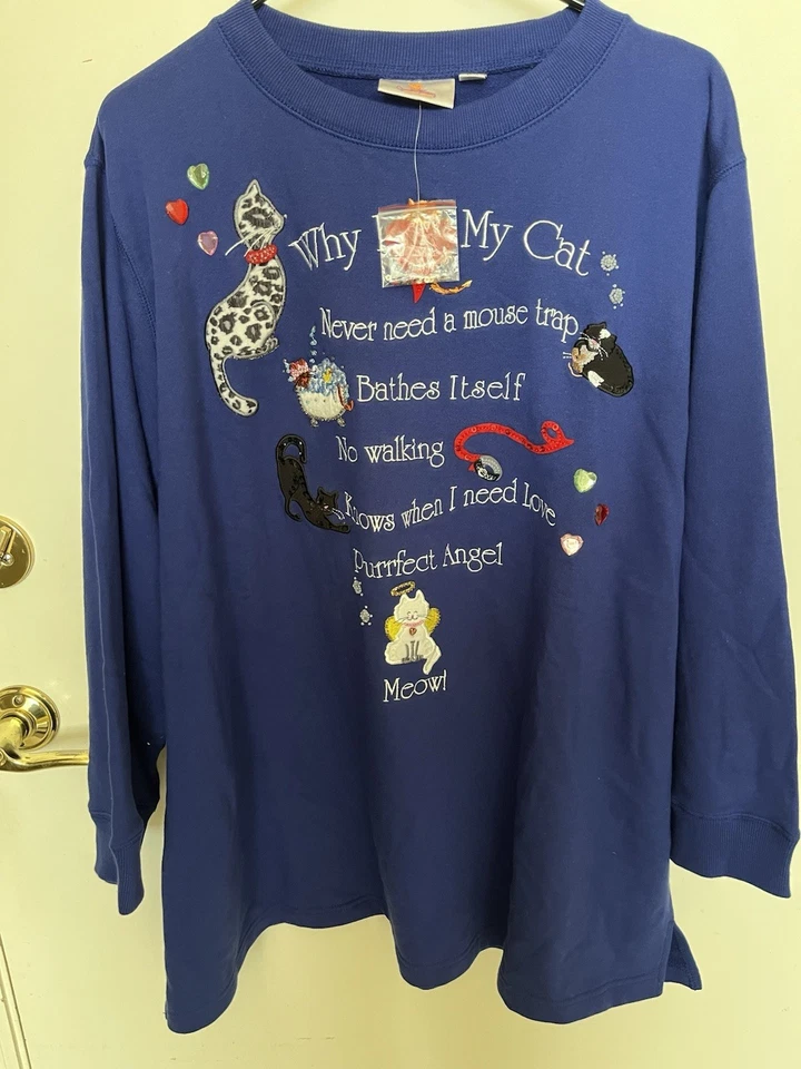 QUACKER FACTORY I  Love My Cat Sweater -Embroidered/Sequins/Beads. Soft. 3X New - Image 1 of 4