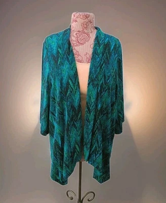 NEW 3X Dressbarn Turquoise Teal Abstract Knit Open Front Cardigan 3/4 Sleeves - Image 1 of 4