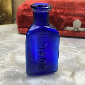 Antique THE OWL DRUG CO Cobalt Bottle POISON Triangular Shaped Rare Bottle - Picture 1 of 19