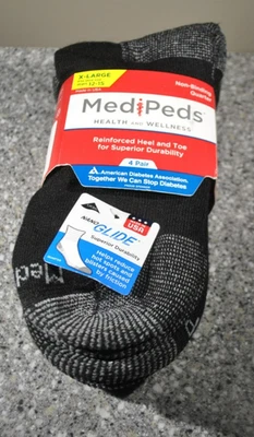 MediPeds Diabético Sin Fijación Crew Calcetín Para Hombre Talla XL 4 Pares Negro, Nuevo Con Etiquetas Foto 1 de 4