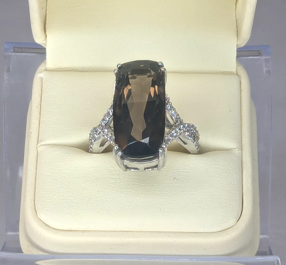 Anillo de cuarzo ahumado y circón - plata de ley, marrón, talla 11 Foto 1 de 4