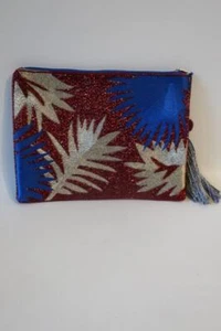 NWT Womens La Chic Designs Burgundy Blue Leaf Beaded Clutch Wristlet Bag * - Picture 1 of 6