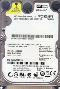 WD WD2500BEVE-00WZT0 dcm: DACTJHBB s/n: WXHY0 Thailand 250GB IDE 2.5" HDD 8049 - Picture 1 of 2