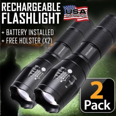 Super Bright LED Tactical Flashlight Rechargeable Work Light w/ Holster (2-PACK) - Image 1 of 4