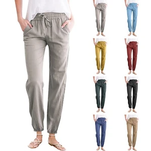 Women's Solid Beach Cotton Linen Drawstring Loose Casual Drawstring Trousers Art - Picture 1 of 37