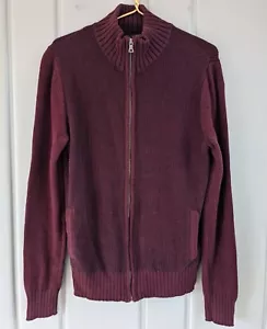 Guess Mens Medium Cardigan Sweater Full Zip Cotton Red Black Mock Neck Pockets - Picture 1 of 6