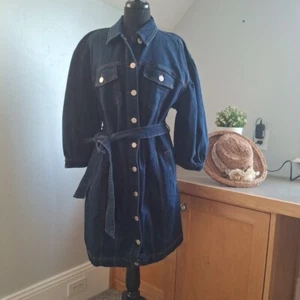 Eloquii Element Denim Button Down Dress Plus Size 18 Puff 3/4 Dark Wash NWT Knee - Picture 1 of 21