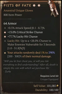 Fist of Fate 2GA Gloves 290%  Diablo 4 ETERNAL REALM NON-SEASON SC D4 PS5 Xbox - Bild 1 von 1