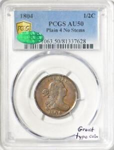 1804 Draped Bust Half Cent PCGS & CAC AU-50; Plain 4 No Stems; Great Type Coin! 