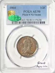1804 Draped Bust Half Cent PCGS & CAC AU-50; Plain 4 No Stems; Great Type Coin!  - Picture 1 of 5