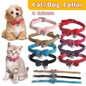 1× Cat Collar Kitten Pet Safety Adjustable Bow Bell Suede pink blue black red AU - Picture 1 of 28