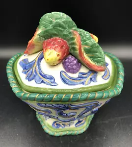 Fitz & Floyd Florentine Fruit 5" Round Covered Candy Bowl / Dish Embossed Fruit - Picture 1 of 13