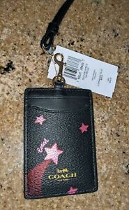 Coach ID Lanyard w/ Disco Star Print Card Case Holder Black Leather C7677 NWT