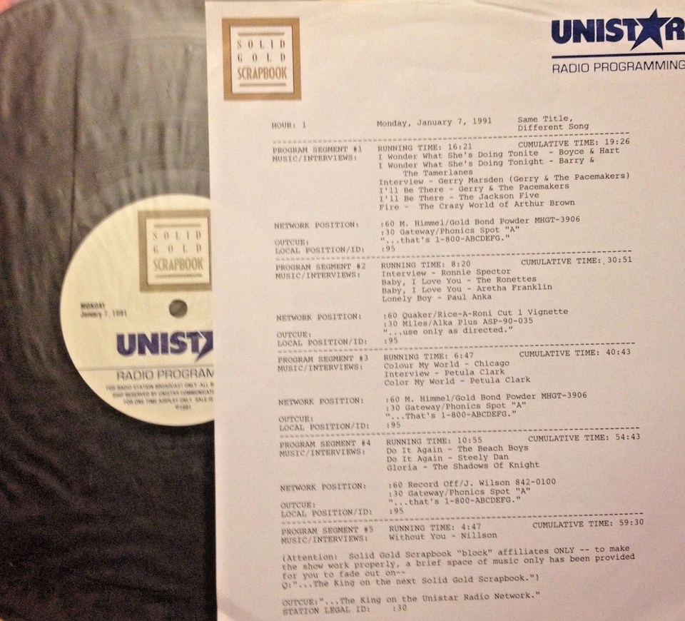 RADIO SHOW 1/7/91 SAME TITLE/DIFFERENT SONG:PAUL ANKA,CHICAGO,BEACH BOYS,NILSSON - Image 1 of 1