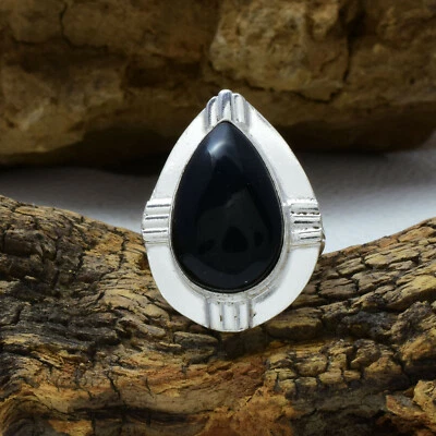 Fino Ónice Negro Piedra Preciosa 925 Plata de Ley Handmade Anillo Todo Talla - Imagen 1 de 3