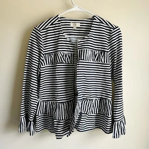 Loft Navy Blue White Striped Tiered Linen Blend Bell Sleeve Jacket Small NWT - Picture 1 of 5