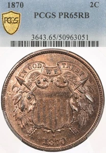 1870 2C PCGS PR65 RB Proof Two Cent Piece Red Brown - Picture 1 of 4