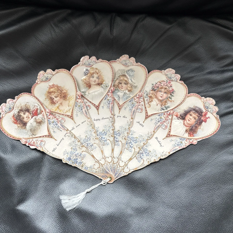 Tarjeta de abanico plegable vintage impresión antigua de fábrica 1992 niñas victorianas Foto 1 de 4