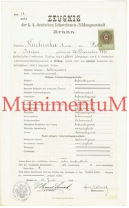 Zeugnis  k.k. kuk dt. Lehrerinnen-Bildungsanstalt BRÜNN MÄHREN SUDETENLAND 1893 - Bild 1 von 2