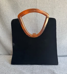 BOBBIE JEROME 1950's Black Velvet Handbag Purse Bag Bakelite Handles - Picture 1 of 13