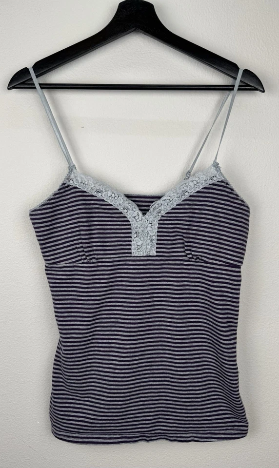 Faded Glory Womens Tank Top Size L Purple Gray Striped Y2K Babydoll Lace Trim - Image 1 of 4