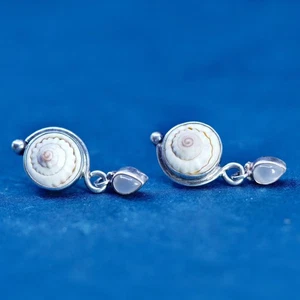 Sajen Sterling Silver 925 Shiva eye earrings, fossil shell teardrop moonstone - Picture 1 of 7