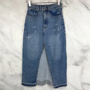 Neu mit Etikett Indefeir Studios Denim Jeans-Midirock hoch tailliert Schlitz Retro blau XS - Bild 1 von 6