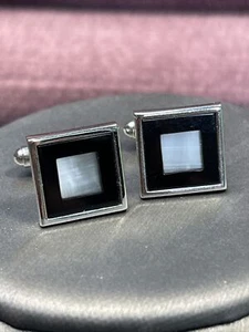 Herren Manschettenknöpfe Silberfarben Schwarz Weiß Chrom Silber Eckig �� Style Vintage - Bild 1 von 8