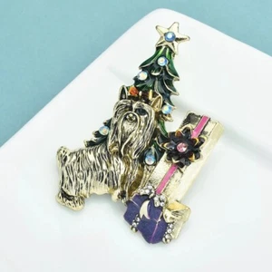 Gifting Season Golden Pup Dog Presents Christmas Tree Rhinestone Brooch Jewelry - Picture 1 of 3