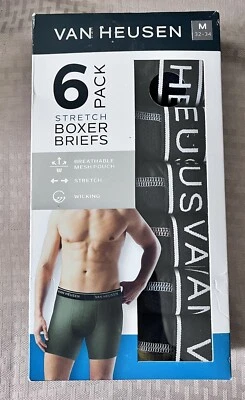 VAN HEUSEN Men s M 6 Pk Stretch Microfiber Boxer Briefs Tag-Free Black Gray Blue - Image 1 of 2