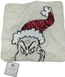 PB teen the Grinch pillow cover 18 square sequin white red Christmas READ NEW - Picture 1 of 6