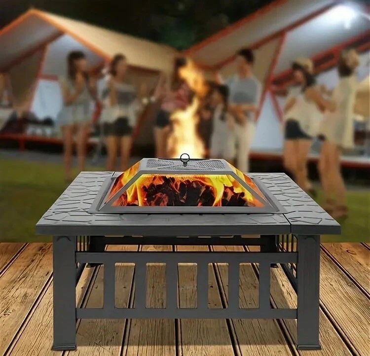 Outdoor 32" Metal Firepit Backyard Patio Garden Square Stove Fire Pit With Cover