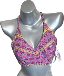 Jessica Simpson Bikini Swimsuit Top Medium Ikat Pink Green Yellow Tassel Tie NEW - Picture 1 of 8