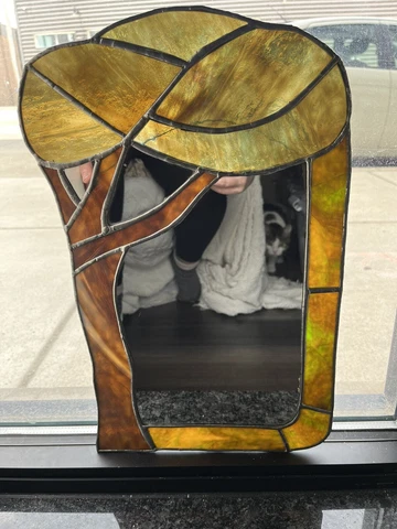 Vintage Stained Glass Tree Mirror Wall Hanging Green Brown Cover