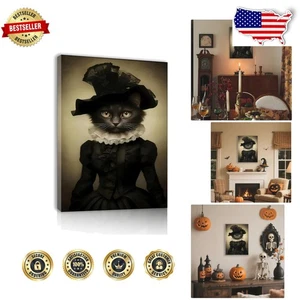 Gothic Black Cat Framed Canvas Art - Dark Academia Witchy Home Decor 11.5x15 - Picture 1 of 11