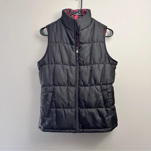Merona Reversible Puffy Women's Vest Black and Red Plaid Sz S - Picture 1 of 9