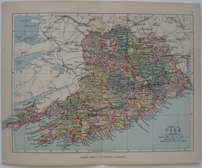 Original 1888 Map COUNTY CORK Ireland Baronies Roads Bandon Mallow Youghal Cobh - Image 1 of 4