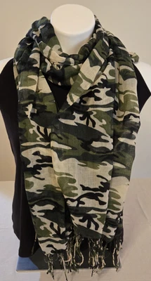 Camouflage Scarf Fringe Polyester Green Black Beige LONG 20 x 76 - Image 1 of 4