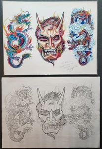 Vintage Paul Jeffries Tattoo Flash Sheet Japanese Traditional Hannya Mask Dragon - Picture 1 of 10