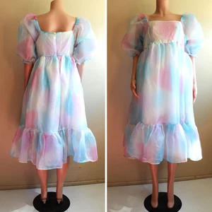 Fairy Cupcake Kawaii Dress L XL Pastel Poly Organza Puff Sleeve Pink Blue White - Picture 1 of 6