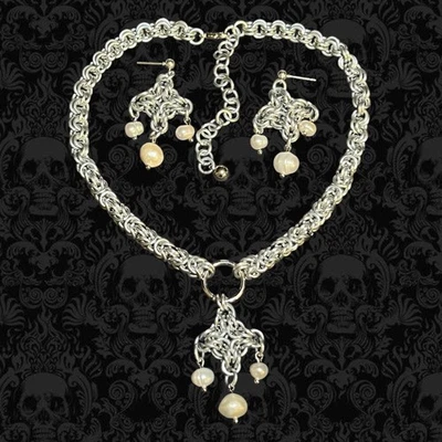 Ожерелье с подвеской ручной работы византийская кольчуга и серьги с жемчугом 16,5 дюйма - Изображение 1 из 4