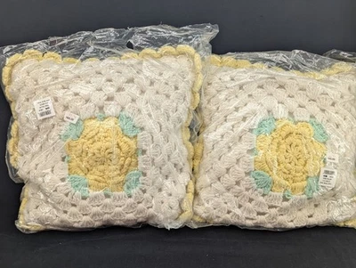 RARE Set of 2 VTG NOS Yellow Raised Rose Granny Square Crochet Throw Pillows - Image 1 of 4