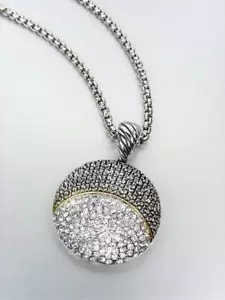 UNIQUE Designer Antique Silver Texture Gold Pave Crystals Round Pendant Necklace - Picture 1 of 5