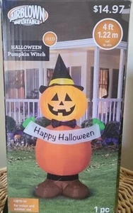 Kürbis Hexe luftgeblasen Halloween aufblasbar 4' groß Lichter Hut LED Blow Up Gemmy - Bild 1 von 5