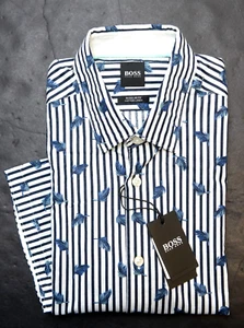 Hugo Boss Men's Luka Short Sleeve Regular Fit Feather Print Cotton/Linen Shirt S - Picture 1 of 10