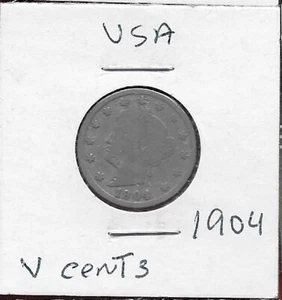 USA V CENTS 1904 WITH CENTS,LIBERTY HEAD LEFT,WITHIN CIRCLE OF STARS,DATE BELOW, - Picture 1 of 2
