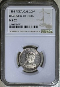 Moneda Portugal 1898 Plata 200 Reis BU 400º Descubrimiento de la India Carlos NGC MS 62 - Imagen 1 de 2