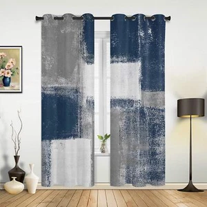 Navy Blue and Gray Curtains for Living Room 72 Inch Length Drapes Abstract Ar... - Picture 1 of 7