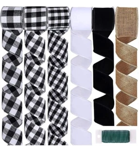 36 Yds 6 Rolls Black and White Buffalo Check Plaid Wired Ribbon Natural Jute Mes - Picture 1 of 7