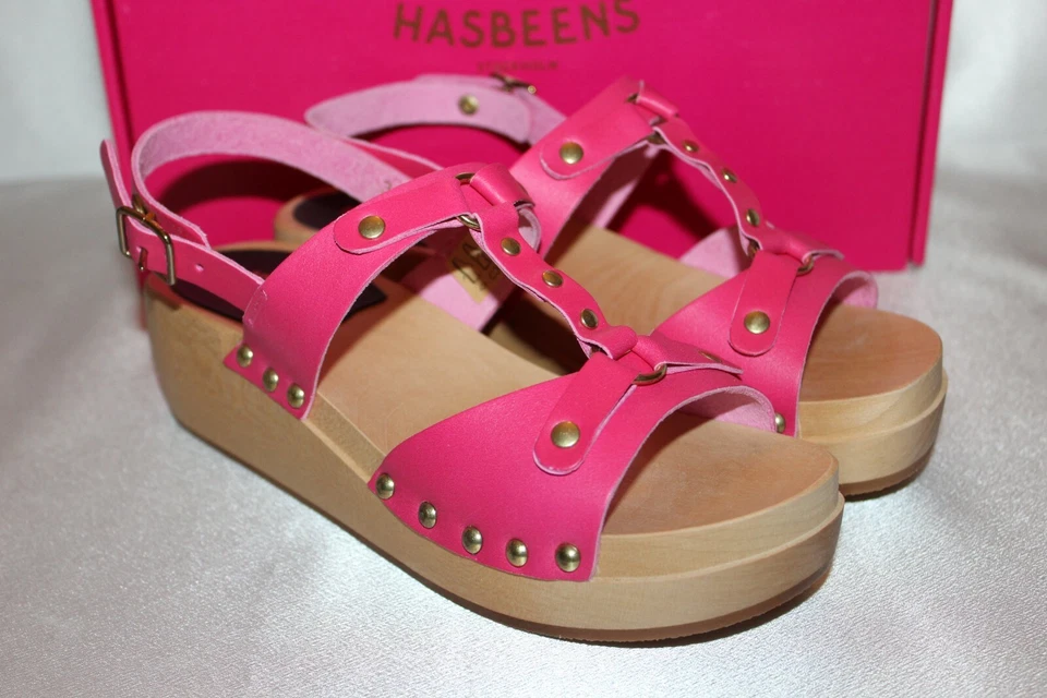 NEW NIB SWEDISH HASBEENS Cherry Pink Leather RIVET Open Toe Wood Clog EU35 $220 - Image 1 of 4
